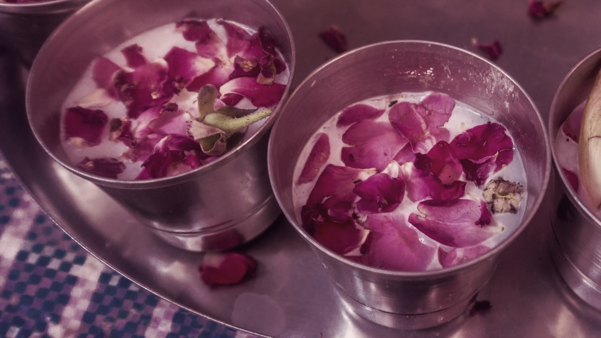 Rose-petal lassi in silver cups